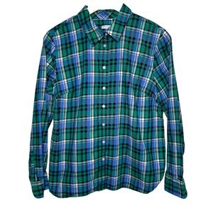 Talbots Button Up Shirt Women Large Green Blue Plaid Long Sleeve Preppy Classic